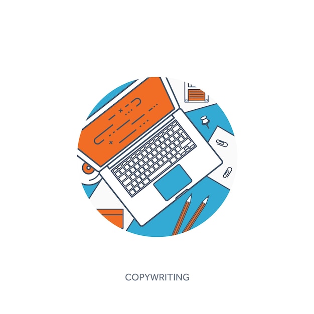 Lined outline vector illustration flat typewriter and laptop with hands tell your story author