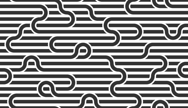 Lined seamless vector pattern with twisted lines, geometric abstract background, stripy net, optical maze, web network. Black and white design.