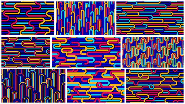 lined seamless vector patterns with twisted lines, geometric abstract backgrounds set, stripy net, optical maze, web network.