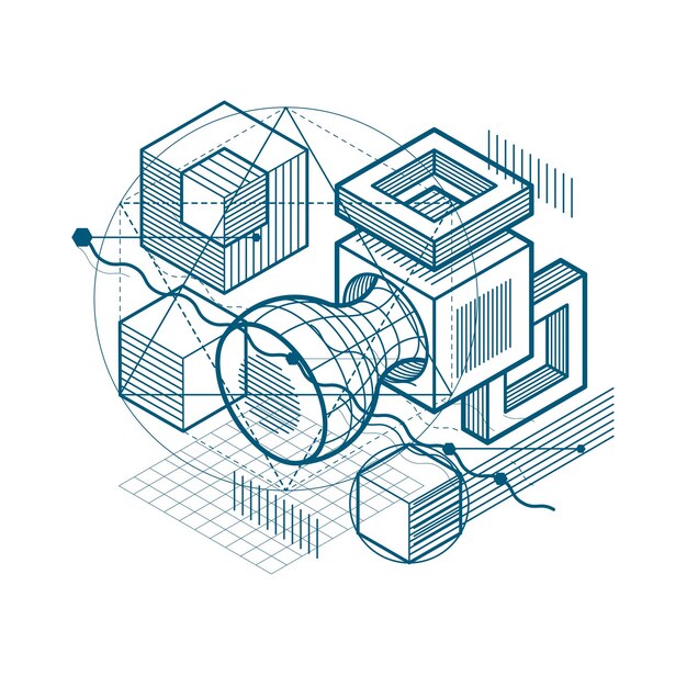 Lines and shapes abstract vector isometric 3d background. Layout of cubes, hexagons, squares, rectangles and different abstract elements.