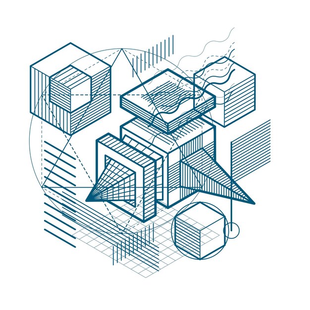 Lines and shapes abstract vector isometric 3d background. Layout of cubes, hexagons, squares, rectangles and different abstract elements.