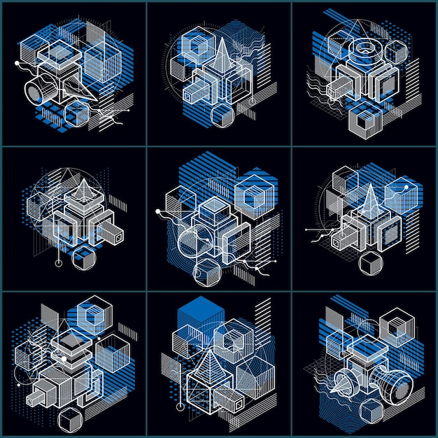 Lines and shapes abstract vector isometric 3d backgrounds. Layouts of cubes, hexagons, squares, rectangles and different abstract elements. Vector collection.