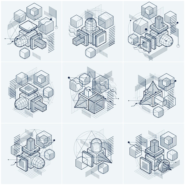 Lines and shapes abstract vector isometric 3d backgrounds. Layouts of cubes, hexagons, squares, rectangles and different abstract elements. Vector collection.