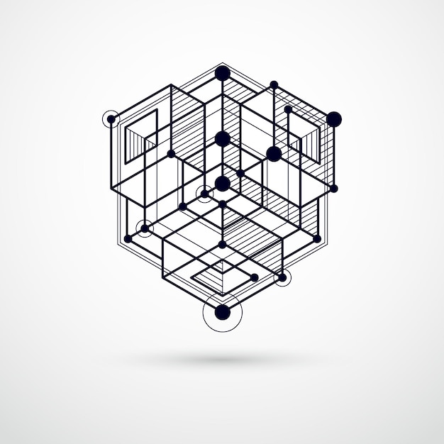 Lines and shapes abstract vector isometric 3D black and white background. Abstract scheme of engine or engineering mechanism. Layout of cubes, hexagons, squares, rectangles and different elements