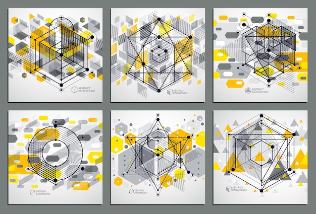 Lines and shapes abstract vector isometric 3D yellow backgrounds set. Abstract scheme of engine or engineering mechanism. Layout of cubes, hexagons, squares, rectangles and different elements.