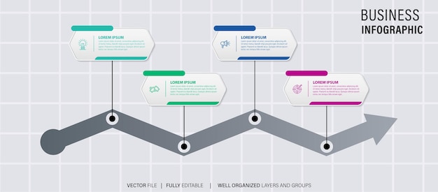 Linjediagram infografik 4 alternativ arbetsflöde cirkel tidslinje nummer infograf process steg c