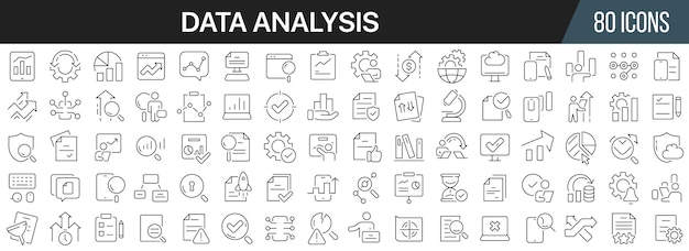 Linjeikoner til dataanalyse – stor samling af UI-ikoner i fladt design. Tynd ikonpakke med konturer. Vektorillustration EPS10