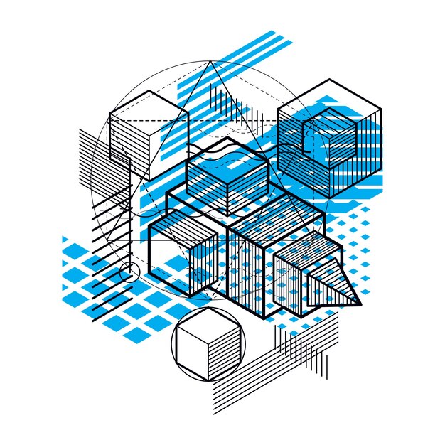 Linjer och former abstrakt vektor isometrisk 3D-bakgrund. Layout av kuber, hexagoner, kvadrater, rektanglar och olika abstrakta element.
