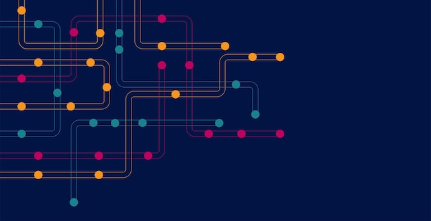 Linjer og prikker forbinder kredsløb. Netværksteknologi og forbindelseskoncept. Forbundne, decentraliserede netværksknudepunkter