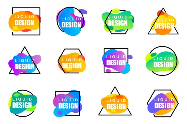 Liquid or fluid banners with geometric frame shapes element collection Set of isolated abstract aqua spot Gradient banners with liquid shapes