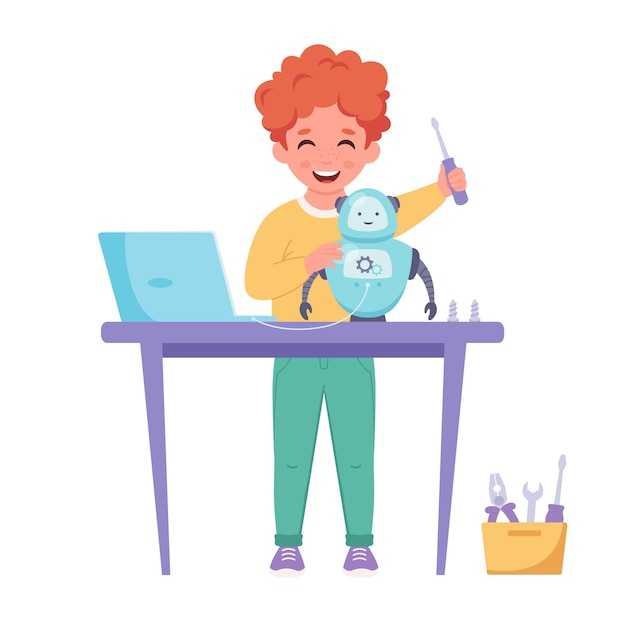 little boy creating a robot robotics programming and engineering for kids
