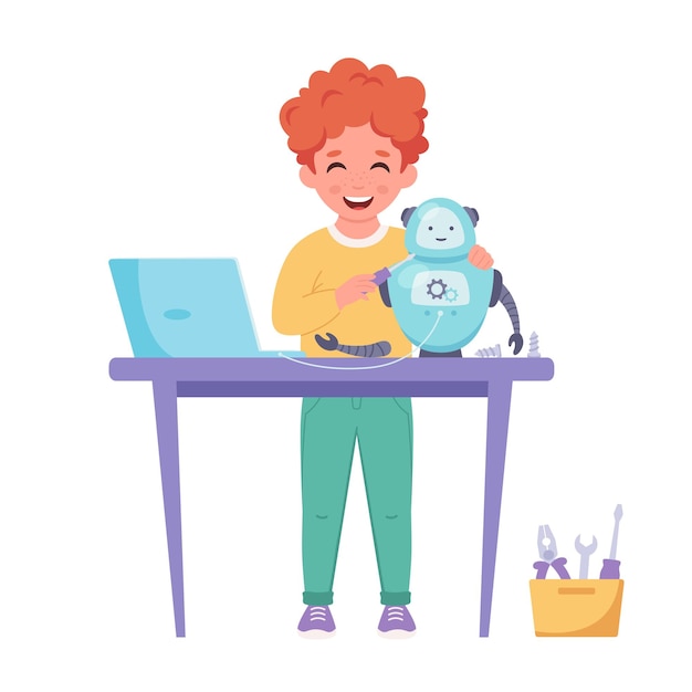 little boy creating a robot robotics programming and engineering for kids