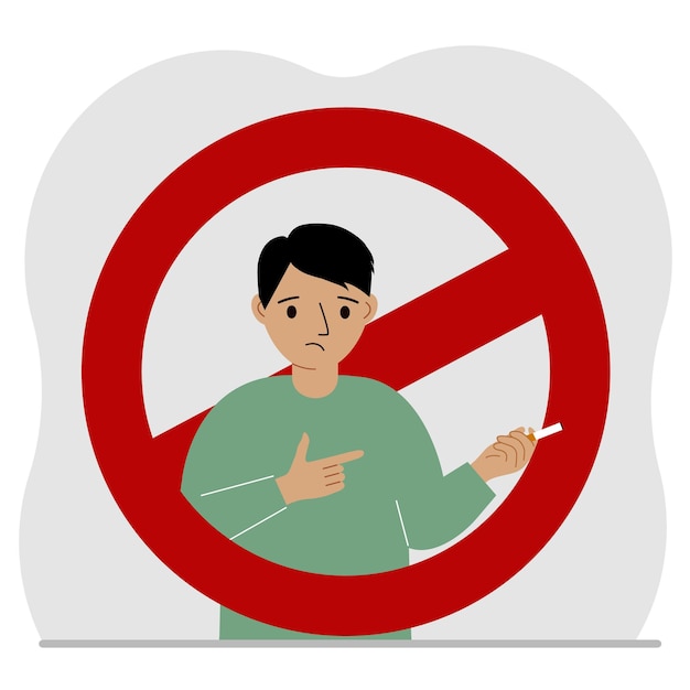 little boy with a cigarette in his hand there is a red prohibition sign around the boy the concept of child or teenage smoking