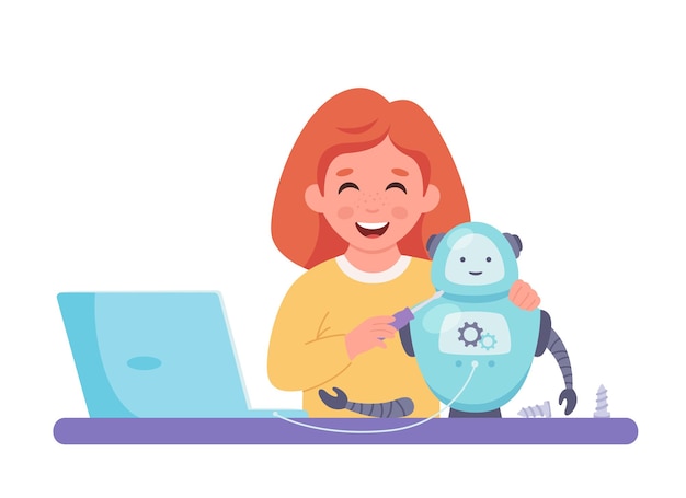 little girl building a robot robotics programming and engineering for kids