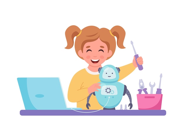 little girl building a robot robotics programming and engineering for kids
