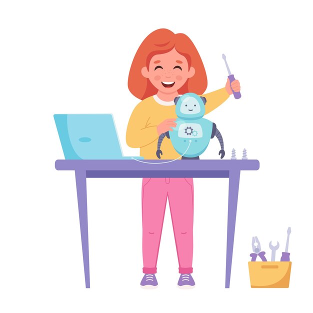 little girl building a robot robotics programming and engineering for kids