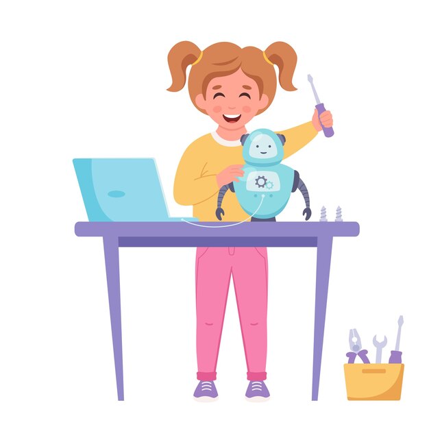 little girl building a robot robotics programming and engineering for kids