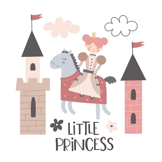 Little princess cartoon princess castle hand drawing lettering decor elements