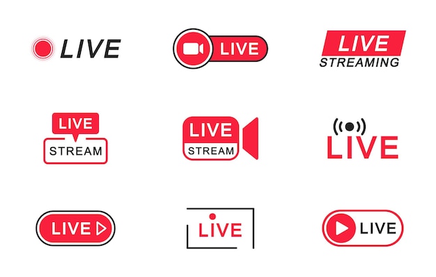 Live streaming ikonsæt. Live broadcasting knapper og symboler