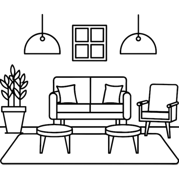 Living room interior with sofa and armchairs illustration in line style