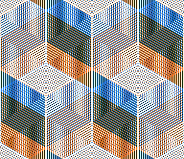 Ljust symmetriskt sömlöst mönster med sammanvävda figurer. Kontinuerlig geometrisk komposition med transparens effekter, för användning i grafisk design.