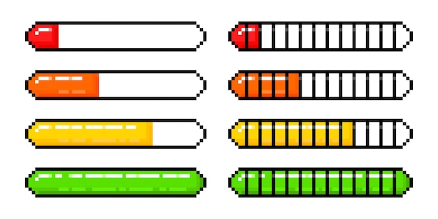 Loading bar vector pixel style. 8 bit loader process status. Video game interface element set.