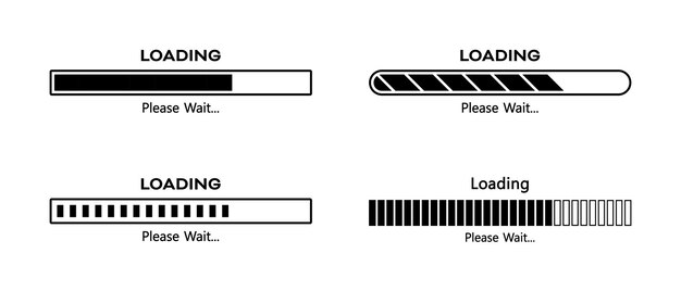 Loading please wait rectangular bar icon set of four in black color