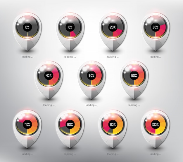 Loading website buffer loader. Load icon in different loading state and percentage. Isolated on the white surface.