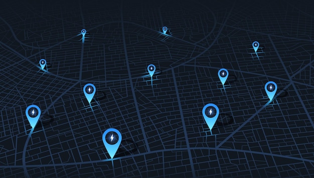 Location ev charging station location mark on gps navigation map a lot with fast supercharger