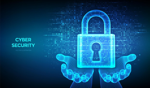 Lock Cyber security Padlock with keyhole icon made with binary code in wireframe hands