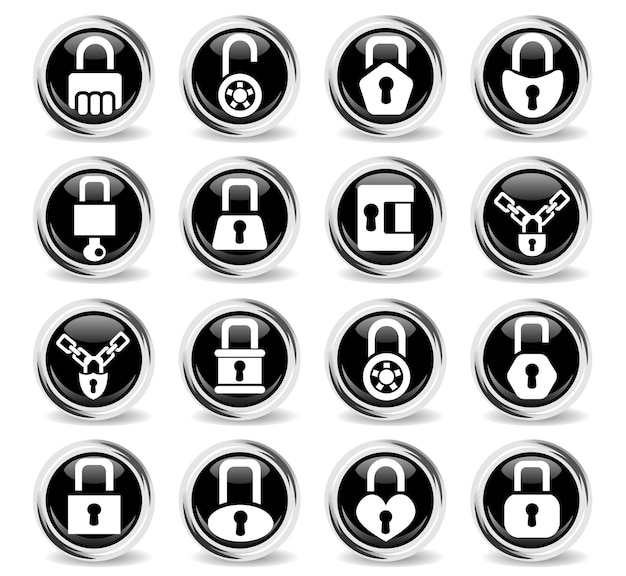 Lock icons on round black buttons with metal ring