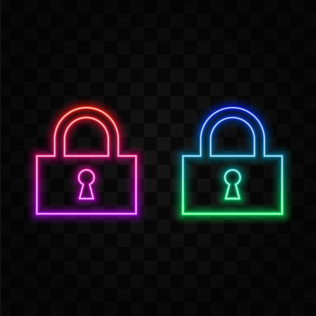 Lock unlock icon set black color isolated on white background neon style Protection icon vector