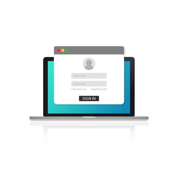 Login side på laptop skærmen. Notebook og online login formular, log ind side. Brugerprofil, adgang til konto koncepter. Vektor illustration.