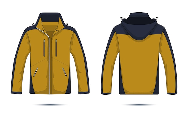 Long sleeve hooded mountain jacket front and back views. Vector illustration