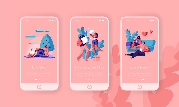 Lovers Rest Together Mobile App Page Onboard Screen Set.