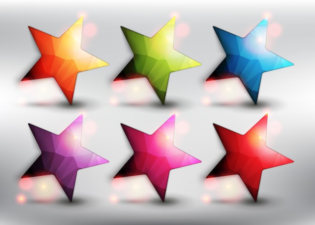 low poly style stars in 6 different colors. star icons. isolated on the white background.  