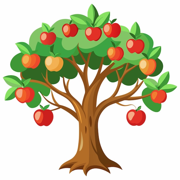 lush apple tree with ripe red fruit on green grass in a cartoon style