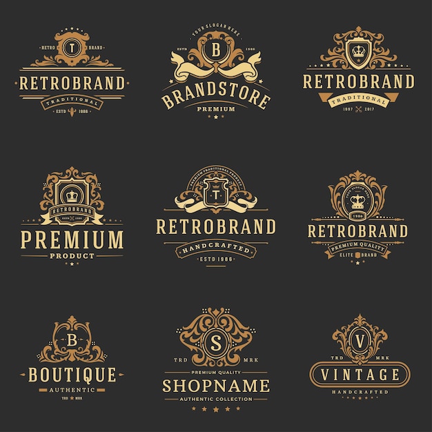 Luxury monograms logos templates vector objects set for logotype or badge design Trendy vintage royal ornament frames illustration good for fashion boutique alcohol or hotel brand