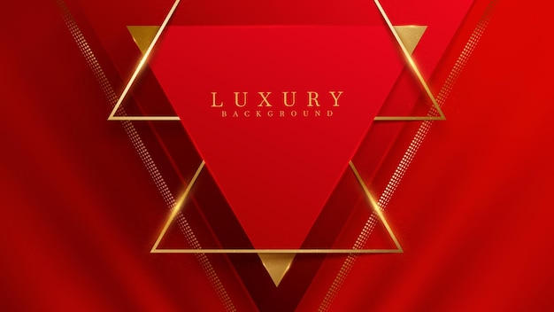 Luxury triangle golden line on red background with glitter light effects elements. Vector illustration.