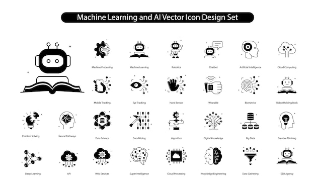 machine learning and ai vector icon design set