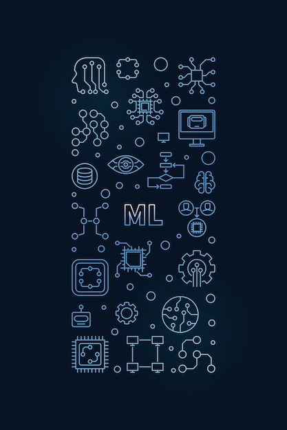 Machine Learning concept vector outline blue vertical banner ML Technology illustration with dark background