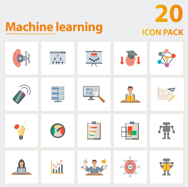 Machine learning icon set collection of simple elements such
