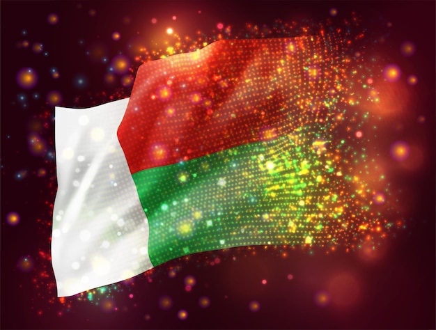Madagascar, vector 3d flag on pink purple background with lighting and flares