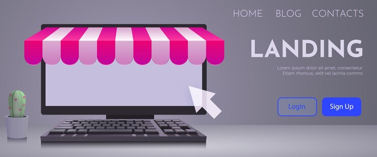 Vektör mağaza tentesi olan bilgisayar monitörü çevrimiçi alışveriş ve e-ticaret konsepti