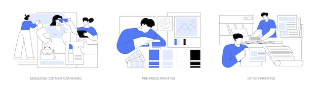 Magazines and newspaper manufacturing abstract concept vector illustrations