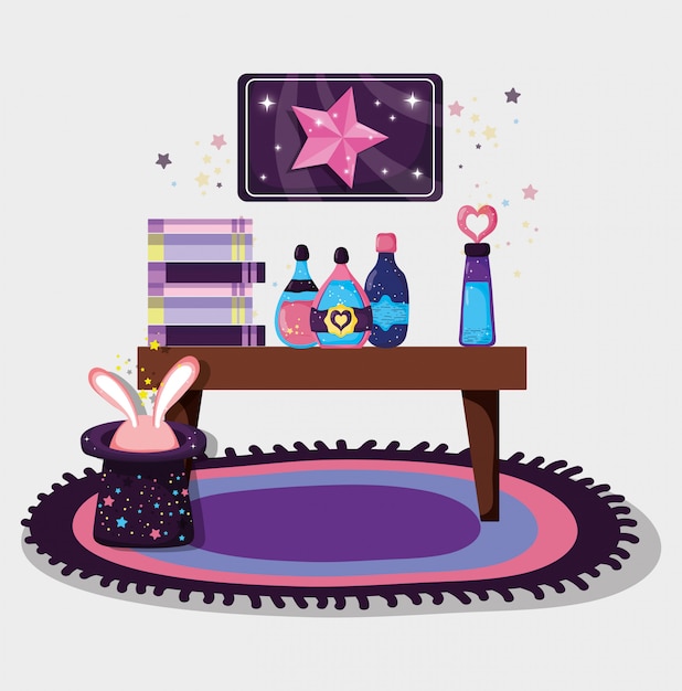 Magic potions with books and hat with rabbit