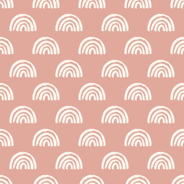 Magic seamless pattern with modern rainbows. Hand drawn boho nursery rainbow illustration on pink background. Print for card, textile, kids and baby clothes, digital paper wrapping, wallpaper.