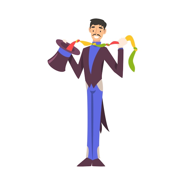 magician doing tricks with handkerchief illusionist character in tailcoat and top hat performing at