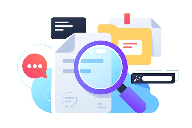 magnifier searching infortmation using documents and internet. isolated concept equipment for collection data using web service, folders and online.