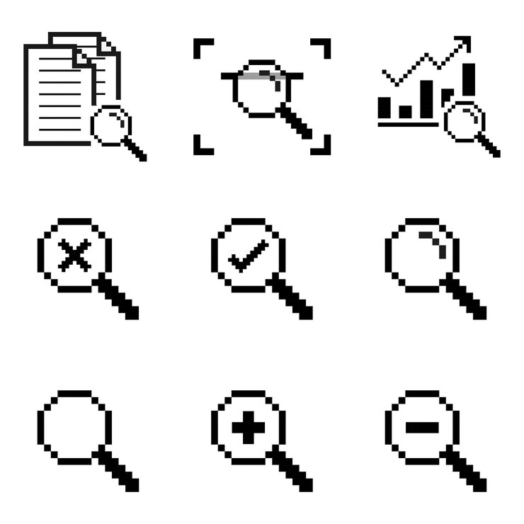 Vektör magnifying glass research pixel art